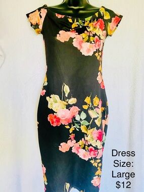 Black Floral Sheath Dress with Pink Rose Print